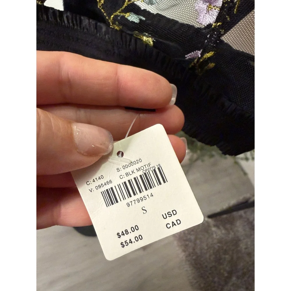 Anthropologie‎ Sheer Floral Embroidered Bralette Black Mesh Rosette Small NWT